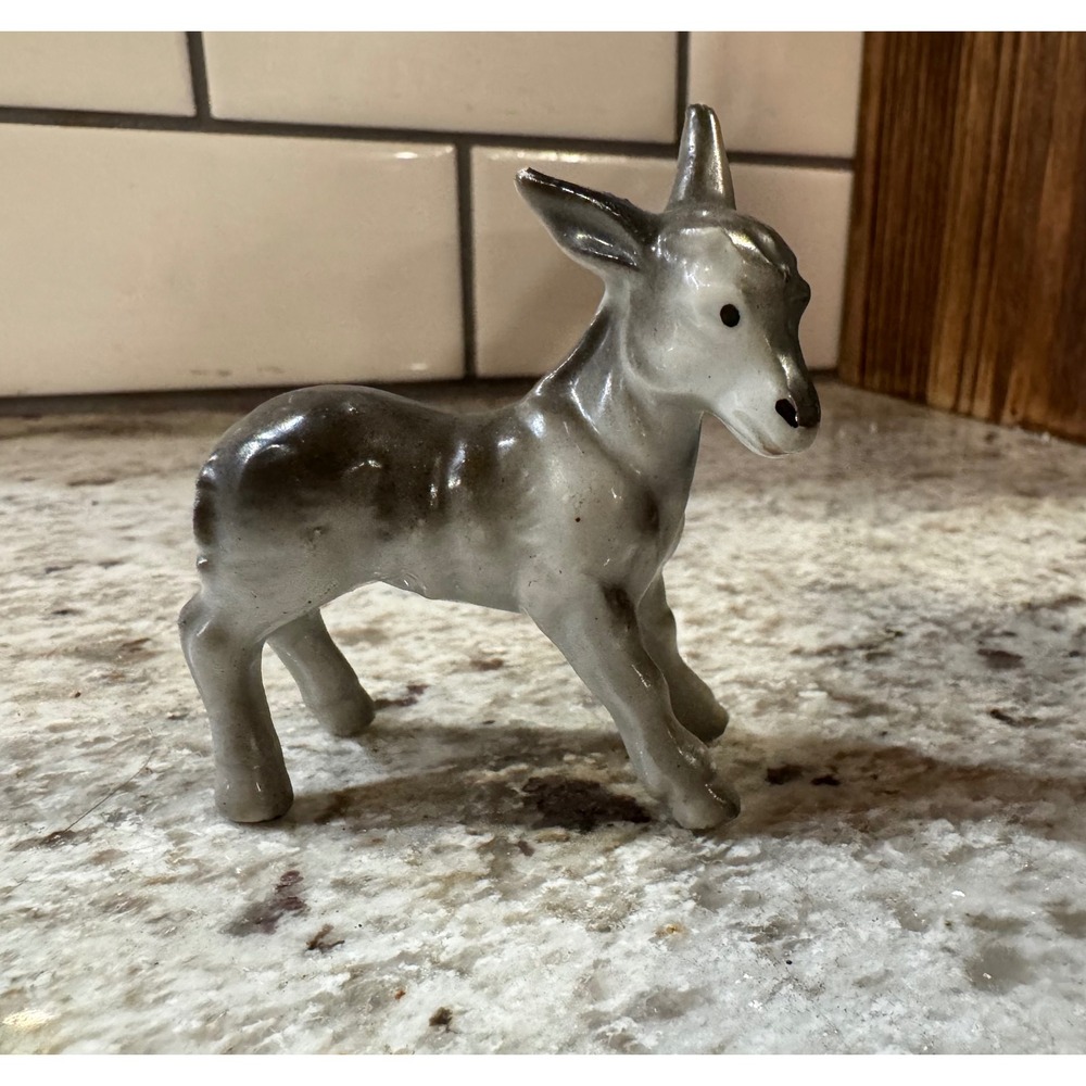 Vintage Miniature Ceramic Donkey Figurine Grey White Glossy Japan Mid-Century